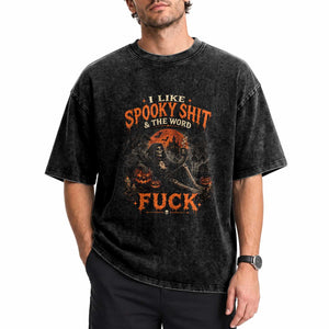 I Like Spooky Shit Grim Reaper Coffee Drinking Halloween Graphic Washed Cotton T-Shirt