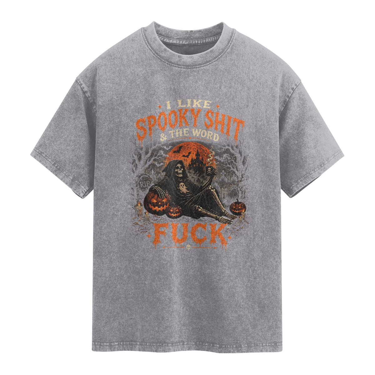 I Like Spooky Shit Grim Reaper Coffee Drinking Halloween Graphic Washed Cotton T-Shirt