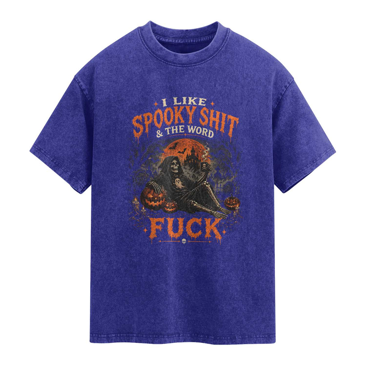 I Like Spooky Shit Grim Reaper Coffee Drinking Halloween Graphic Washed Cotton T-Shirt