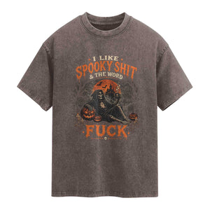 I Like Spooky Shit Grim Reaper Coffee Drinking Halloween Graphic Washed Cotton T-Shirt