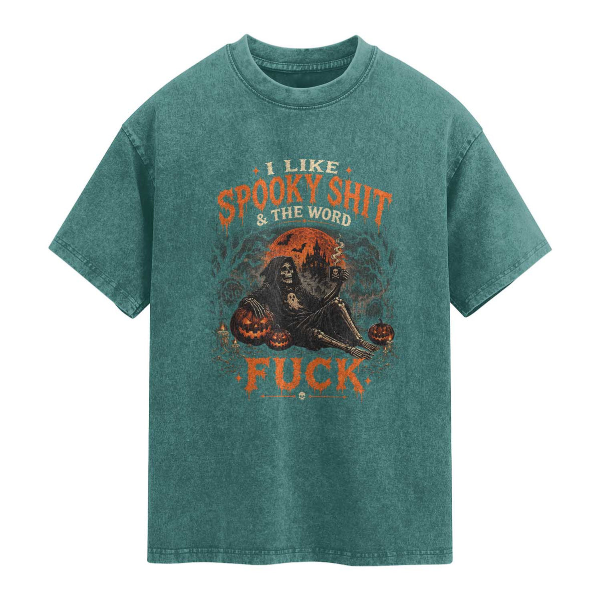 I Like Spooky Shit Grim Reaper Coffee Drinking Halloween Graphic Washed Cotton T-Shirt