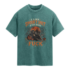I Like Spooky Shit Grim Reaper Coffee Drinking Halloween Graphic Washed Cotton T-Shirt