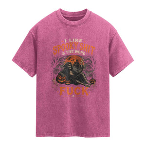 I Like Spooky Shit Grim Reaper Coffee Drinking Halloween Graphic Washed Cotton T-Shirt