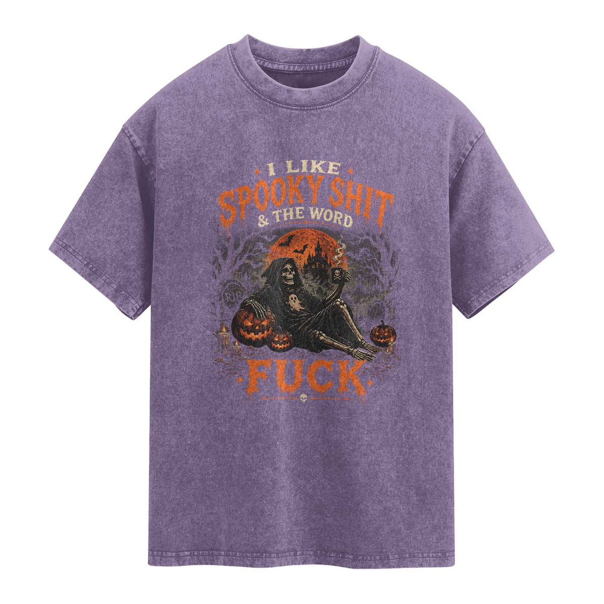 I Like Spooky Shit Grim Reaper Coffee Drinking Halloween Graphic Washed Cotton T-Shirt