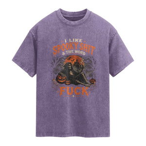 I Like Spooky Shit Grim Reaper Coffee Drinking Halloween Graphic Washed Cotton T-Shirt