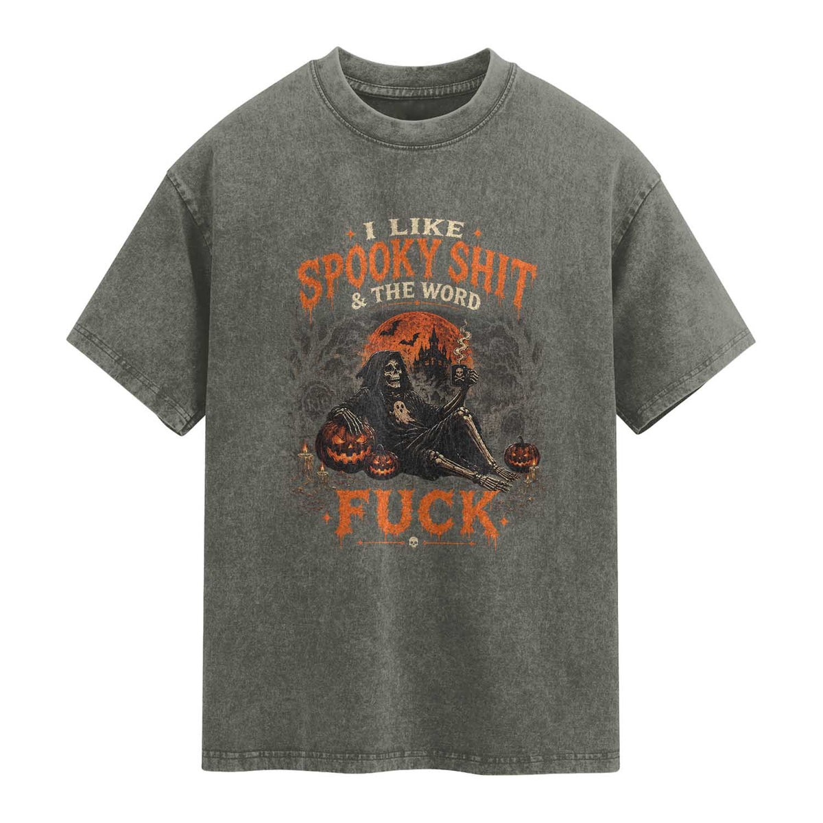 I Like Spooky Shit Grim Reaper Coffee Drinking Halloween Graphic Washed Cotton T-Shirt