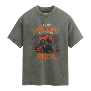 I Like Spooky Shit Grim Reaper Coffee Drinking Halloween Graphic Washed Cotton T-Shirt
