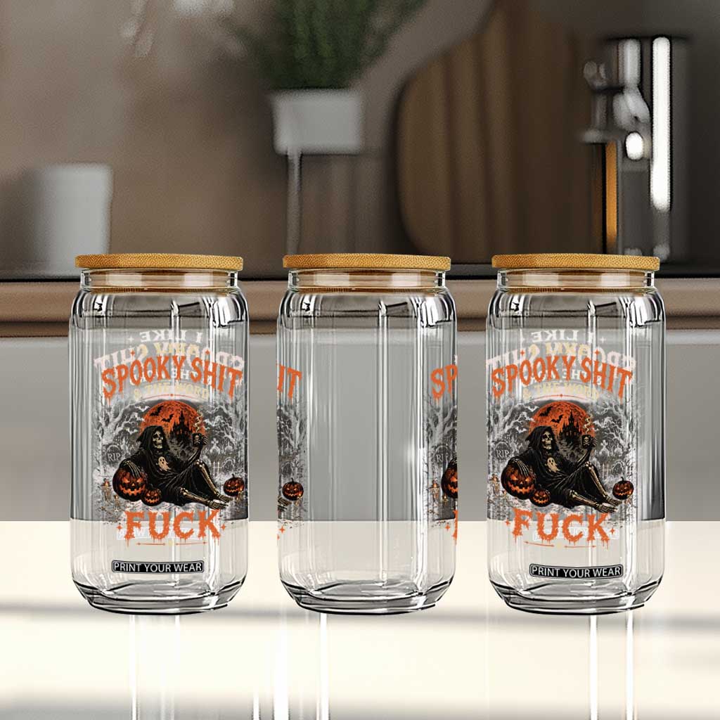 I Like Spooky Shit Grim Reaper Coffee Drinking Halloween Graphic Glass Can