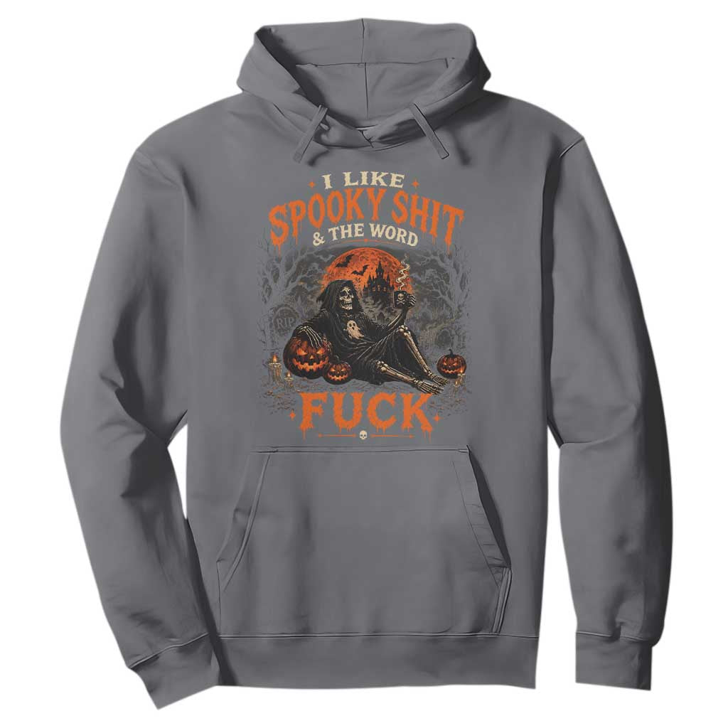 I Like Spooky Shit Grim Reaper Coffee Drinking Halloween Graphic Hoodie