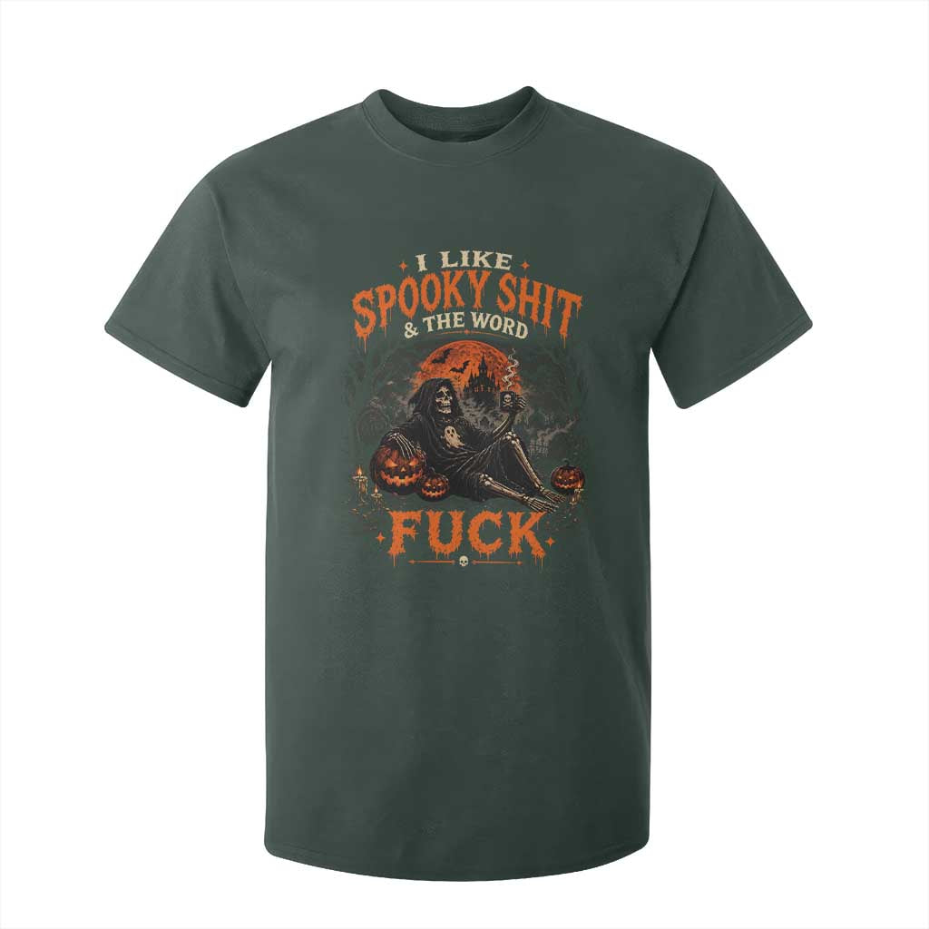 I Like Spooky Shit Grim Reaper Coffee Drinking Halloween Graphic T Shirt For Kid