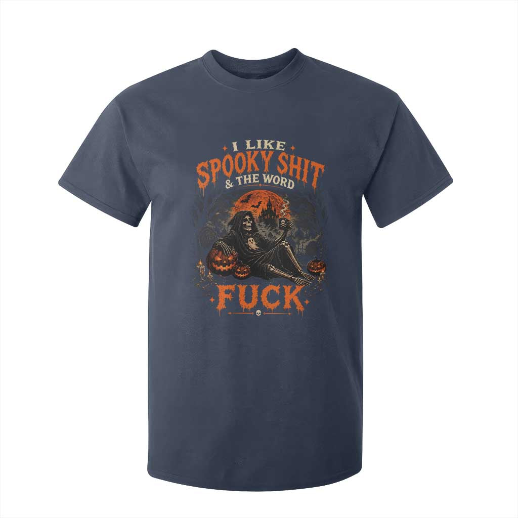 I Like Spooky Shit Grim Reaper Coffee Drinking Halloween Graphic T Shirt For Kid