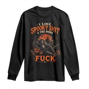 I Like Spooky Shit Grim Reaper Coffee Drinking Halloween Graphic Long Sleeve Shirt