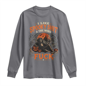 I Like Spooky Shit Grim Reaper Coffee Drinking Halloween Graphic Long Sleeve Shirt