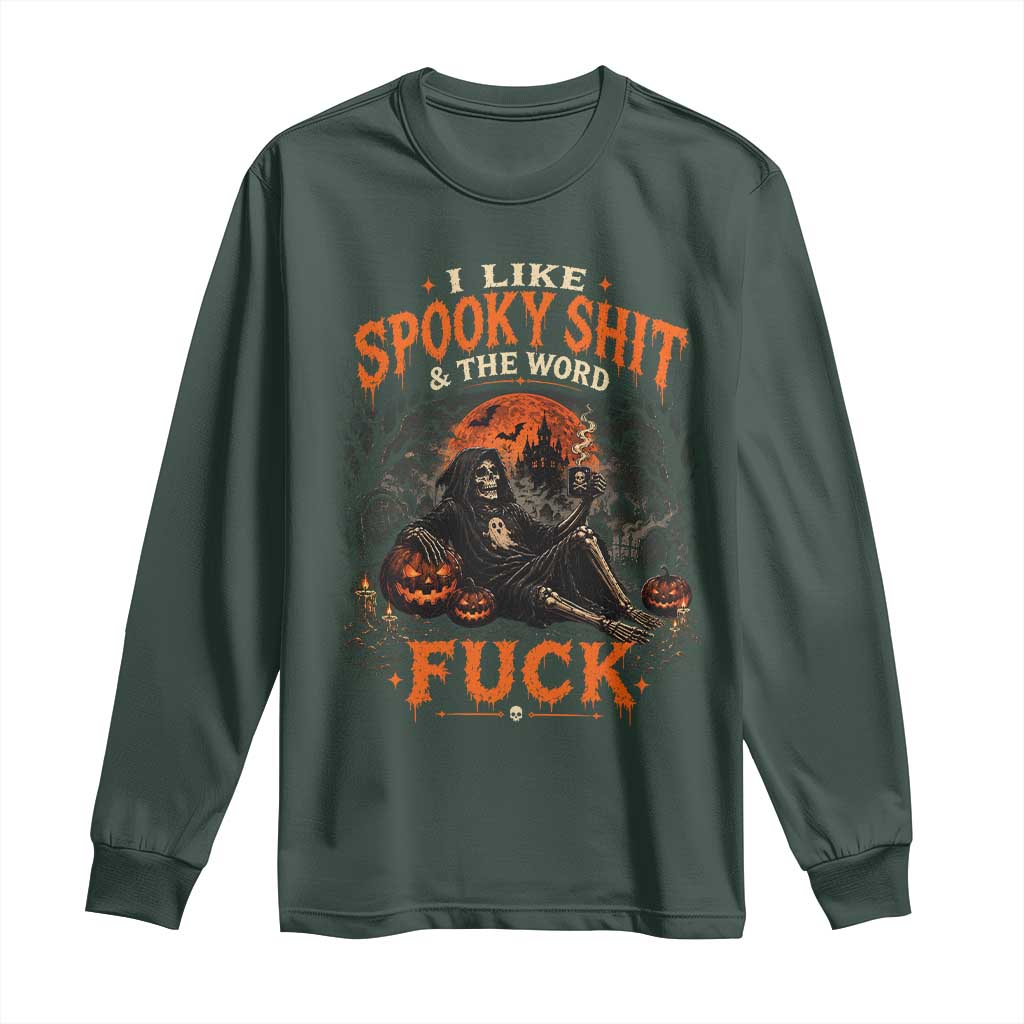 I Like Spooky Shit Grim Reaper Coffee Drinking Halloween Graphic Long Sleeve Shirt