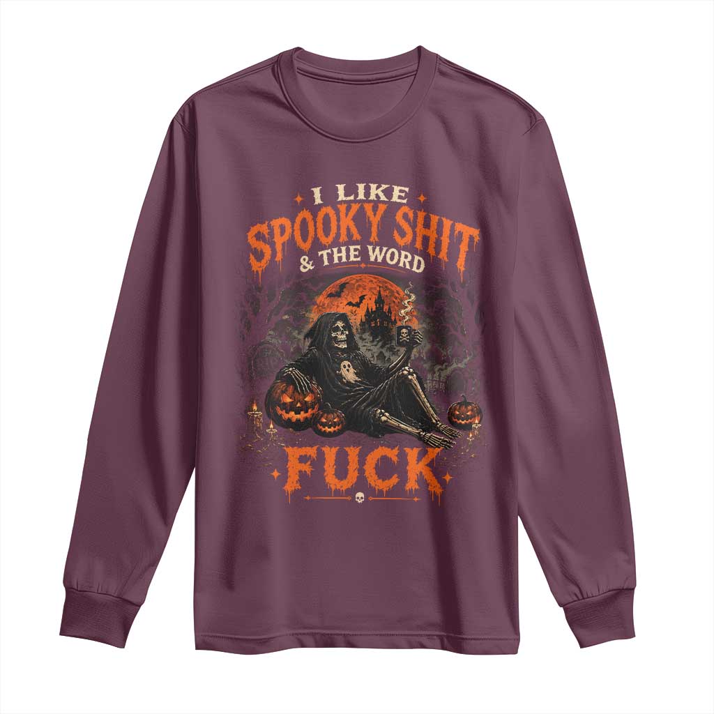I Like Spooky Shit Grim Reaper Coffee Drinking Halloween Graphic Long Sleeve Shirt
