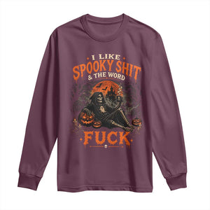 I Like Spooky Shit Grim Reaper Coffee Drinking Halloween Graphic Long Sleeve Shirt