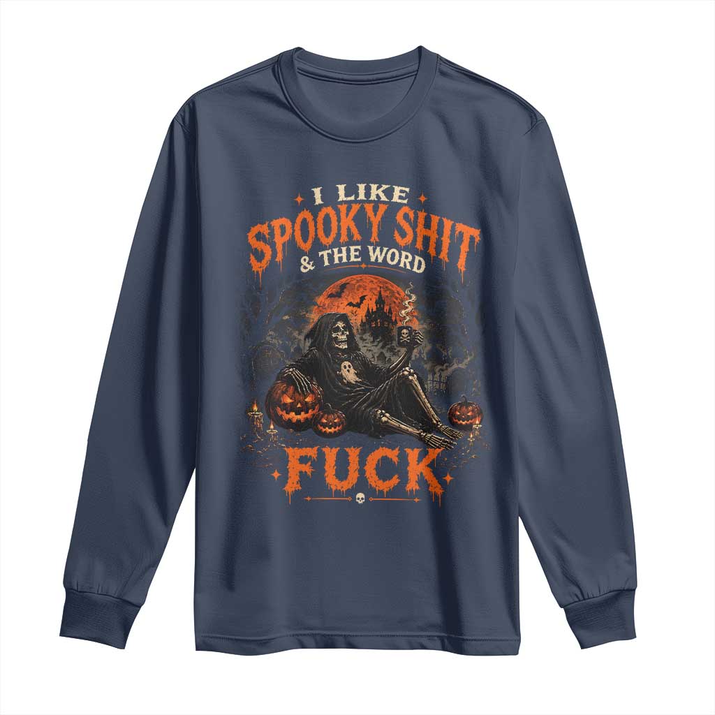 I Like Spooky Shit Grim Reaper Coffee Drinking Halloween Graphic Long Sleeve Shirt