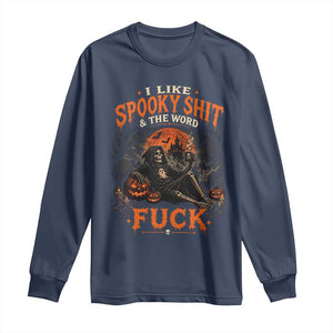 I Like Spooky Shit Grim Reaper Coffee Drinking Halloween Graphic Long Sleeve Shirt