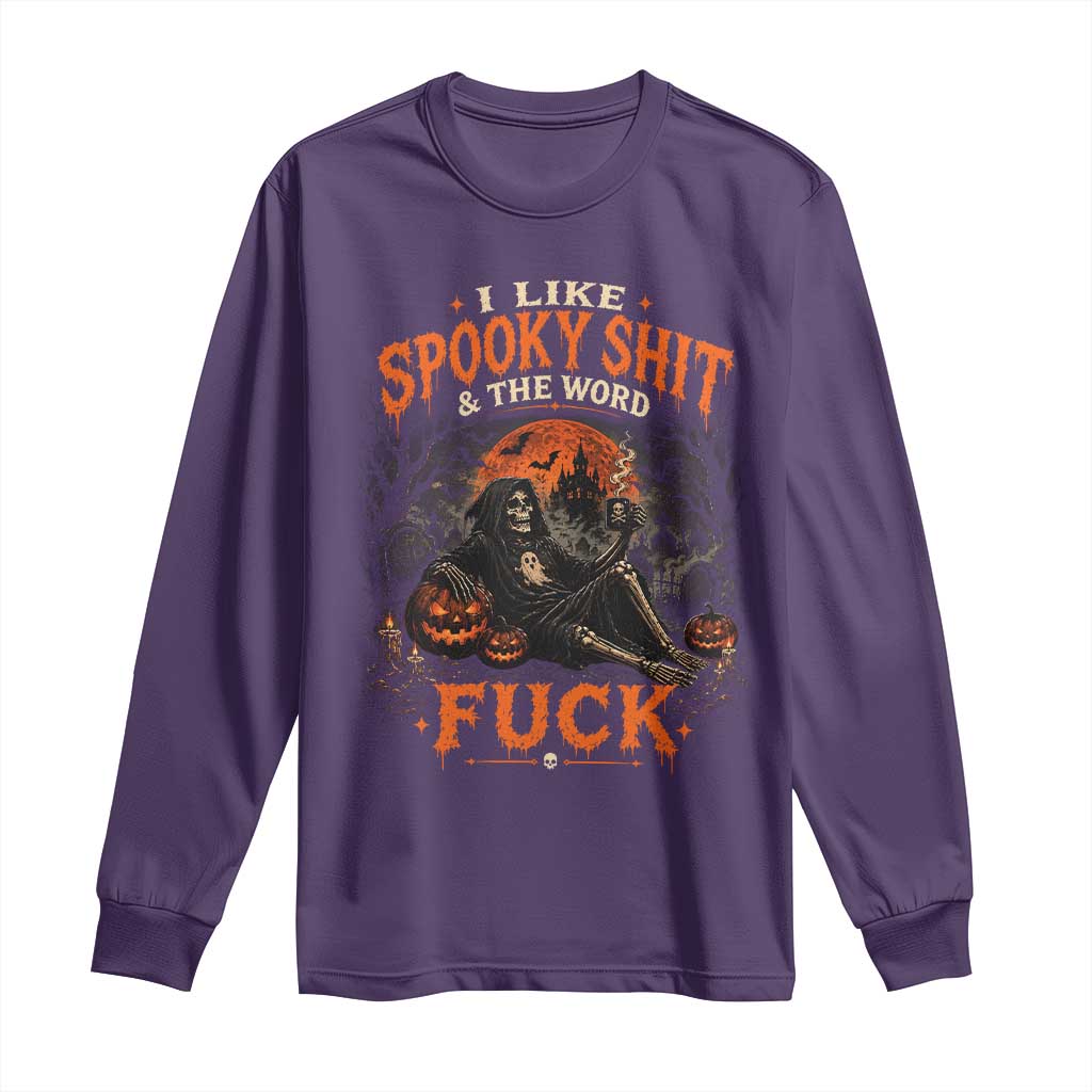 I Like Spooky Shit Grim Reaper Coffee Drinking Halloween Graphic Long Sleeve Shirt