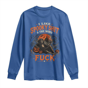 I Like Spooky Shit Grim Reaper Coffee Drinking Halloween Graphic Long Sleeve Shirt