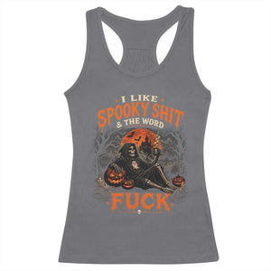 I Like Spooky Shit Grim Reaper Coffee Drinking Halloween Graphic Racerback Tank Top