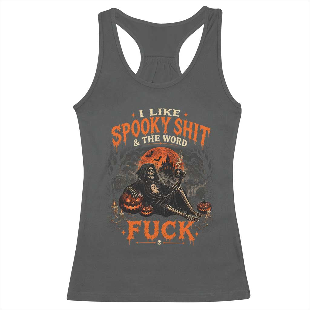 I Like Spooky Shit Grim Reaper Coffee Drinking Halloween Graphic Racerback Tank Top