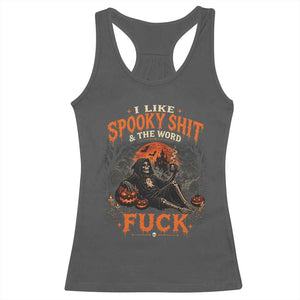 I Like Spooky Shit Grim Reaper Coffee Drinking Halloween Graphic Racerback Tank Top