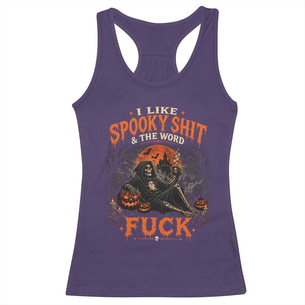 I Like Spooky Shit Grim Reaper Coffee Drinking Halloween Graphic Racerback Tank Top