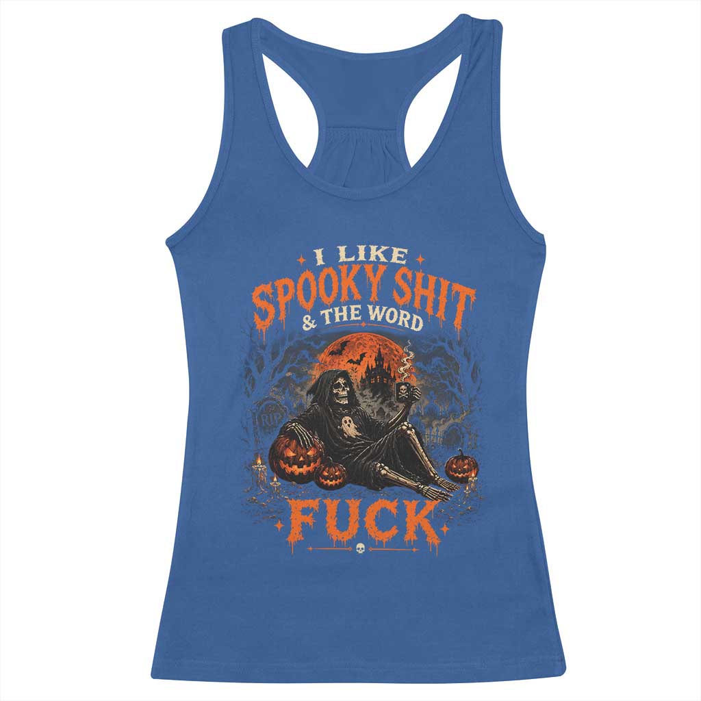 I Like Spooky Shit Grim Reaper Coffee Drinking Halloween Graphic Racerback Tank Top