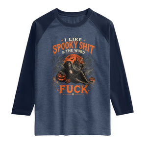 I Like Spooky Shit Grim Reaper Coffee Drinking Halloween Graphic Raglan Shirt