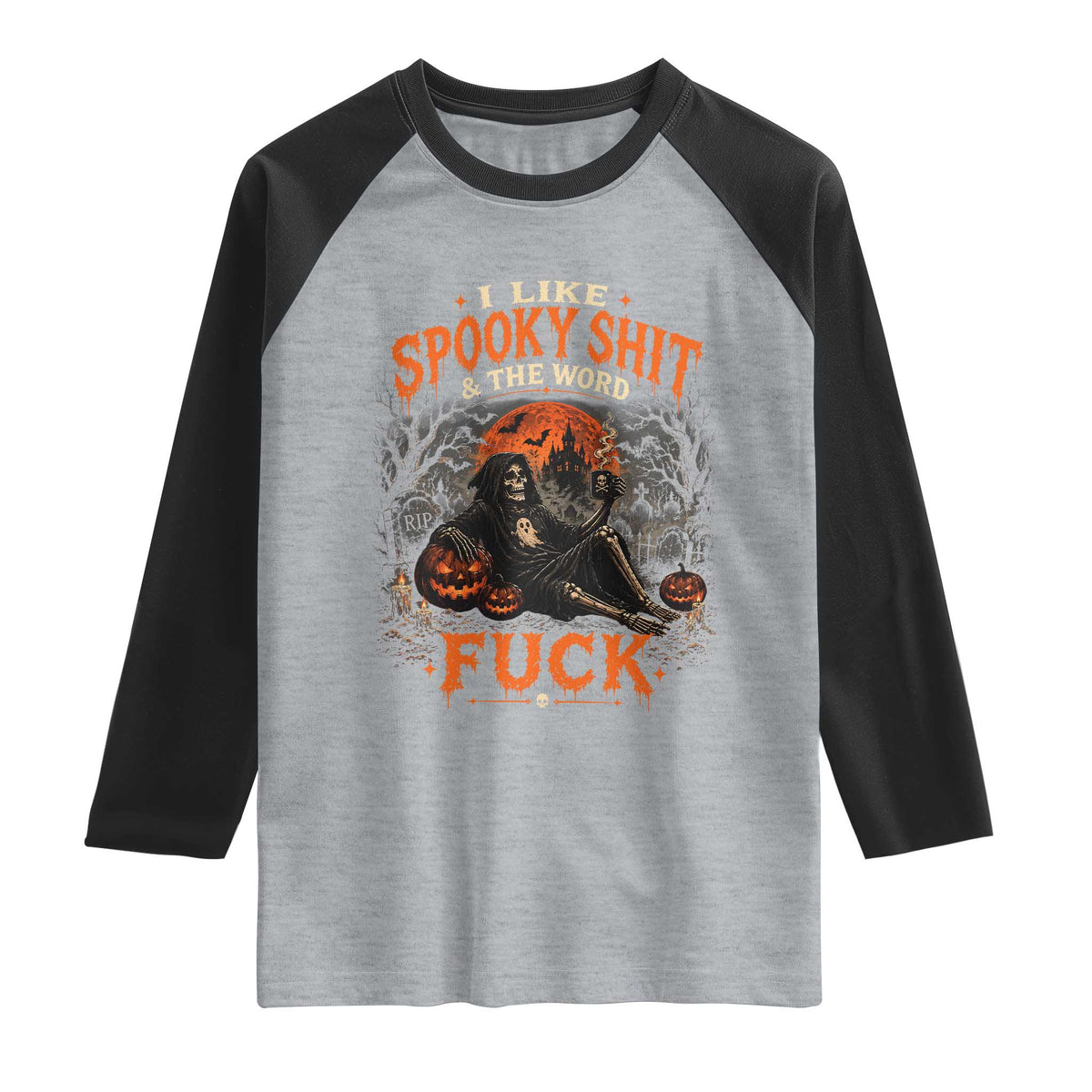 I Like Spooky Shit Grim Reaper Coffee Drinking Halloween Graphic Raglan Shirt