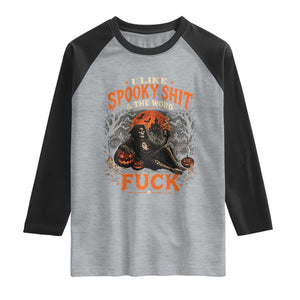 I Like Spooky Shit Grim Reaper Coffee Drinking Halloween Graphic Raglan Shirt