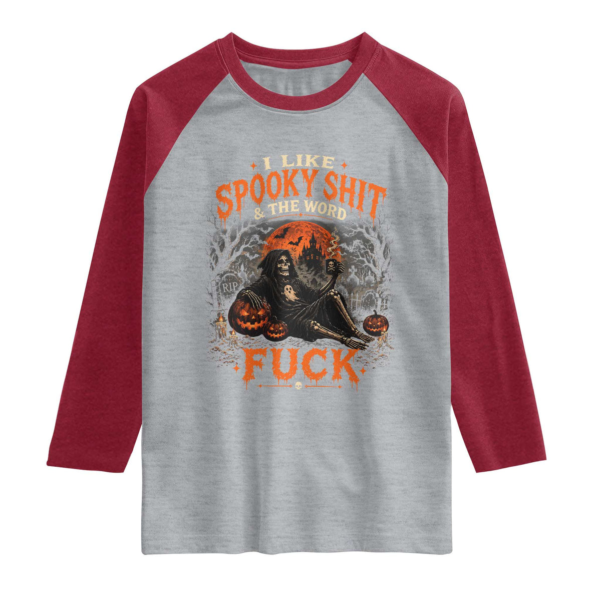 I Like Spooky Shit Grim Reaper Coffee Drinking Halloween Graphic Raglan Shirt