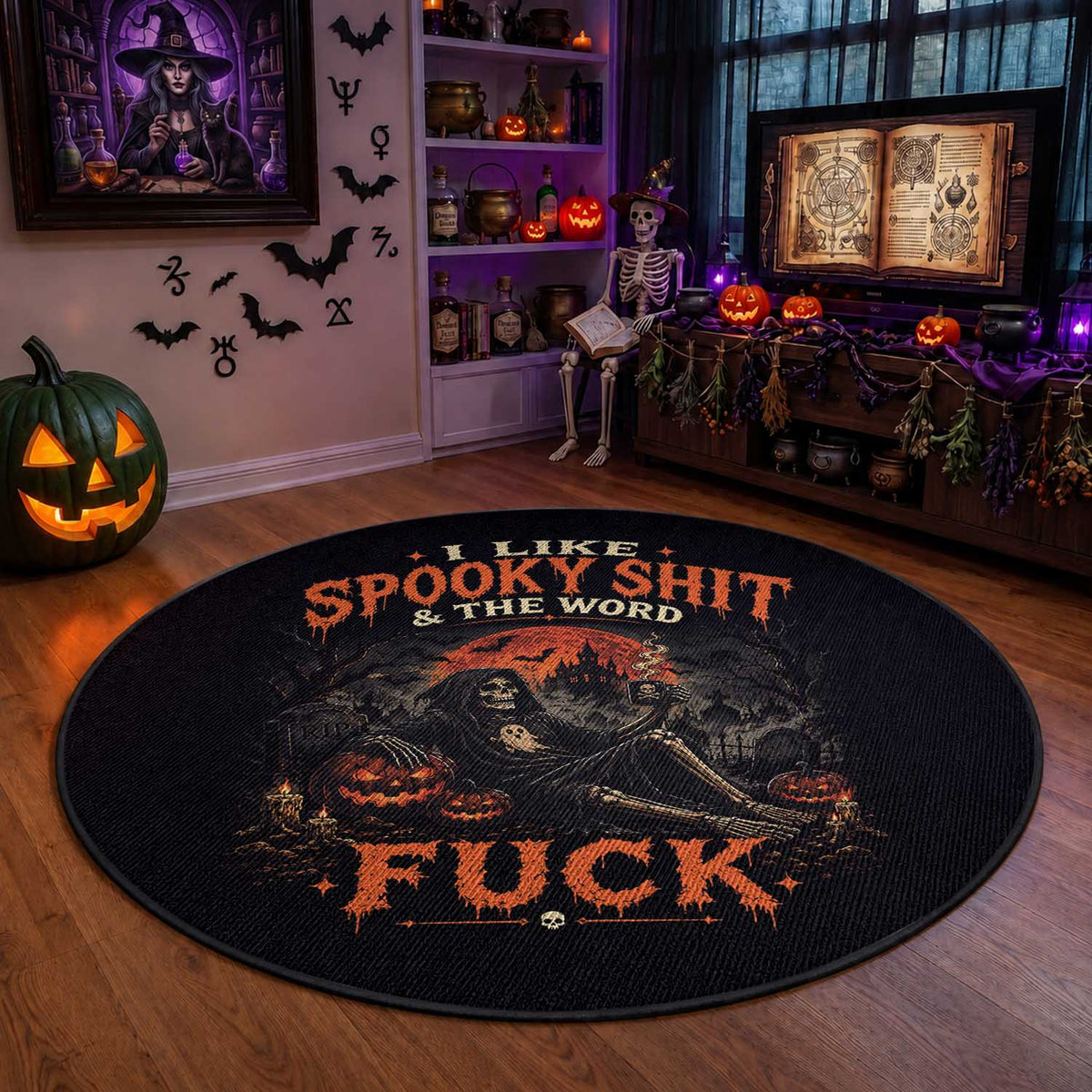 I Like Spooky Shit Grim Reaper Coffee Drinking Halloween Graphic Round Rug