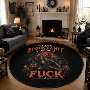 I Like Spooky Shit Grim Reaper Coffee Drinking Halloween Graphic Round Rug
