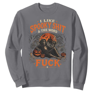 I Like Spooky Shit Grim Reaper Coffee Drinking Halloween Graphic Sweatshirt