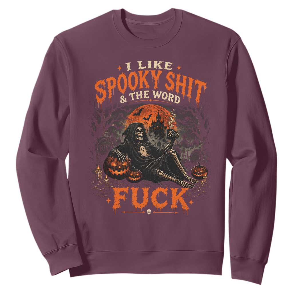 I Like Spooky Shit Grim Reaper Coffee Drinking Halloween Graphic Sweatshirt