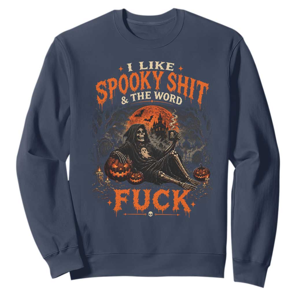 I Like Spooky Shit Grim Reaper Coffee Drinking Halloween Graphic Sweatshirt