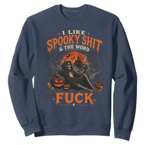 I Like Spooky Shit Grim Reaper Coffee Drinking Halloween Graphic Sweatshirt