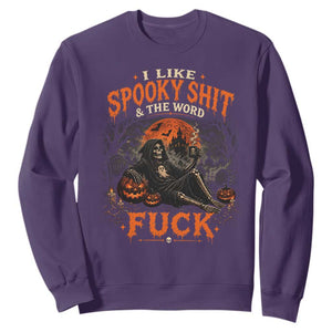 I Like Spooky Shit Grim Reaper Coffee Drinking Halloween Graphic Sweatshirt
