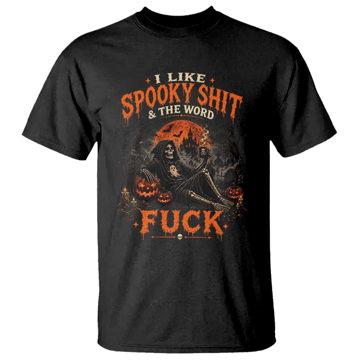 I Like Spooky Shit Grim Reaper Coffee Drinking Halloween Graphic T Shirt