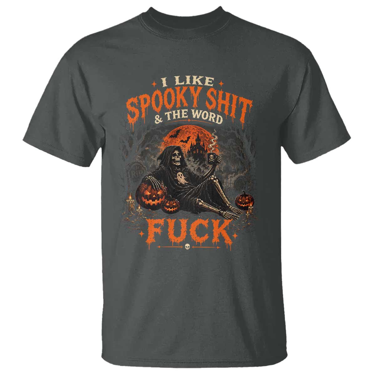 I Like Spooky Shit Grim Reaper Coffee Drinking Halloween Graphic T Shirt