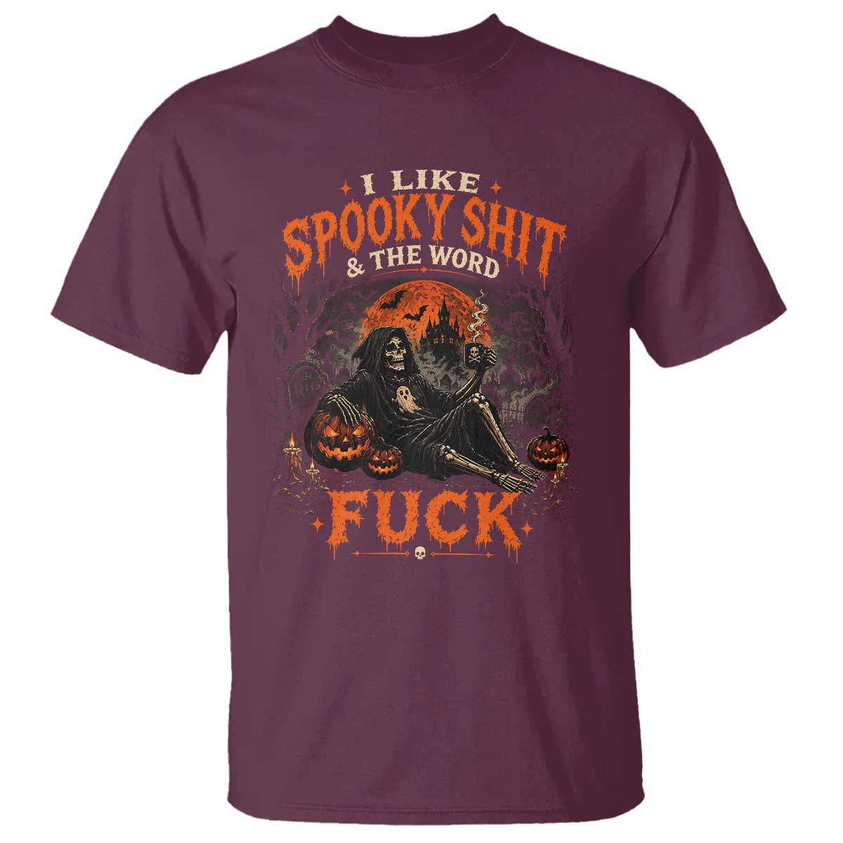 I Like Spooky Shit Grim Reaper Coffee Drinking Halloween Graphic T Shirt