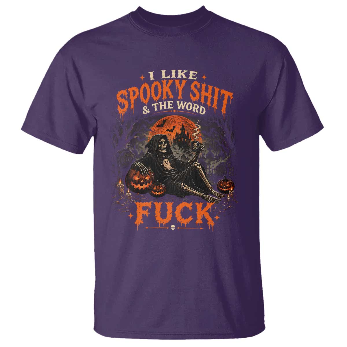 I Like Spooky Shit Grim Reaper Coffee Drinking Halloween Graphic T Shirt