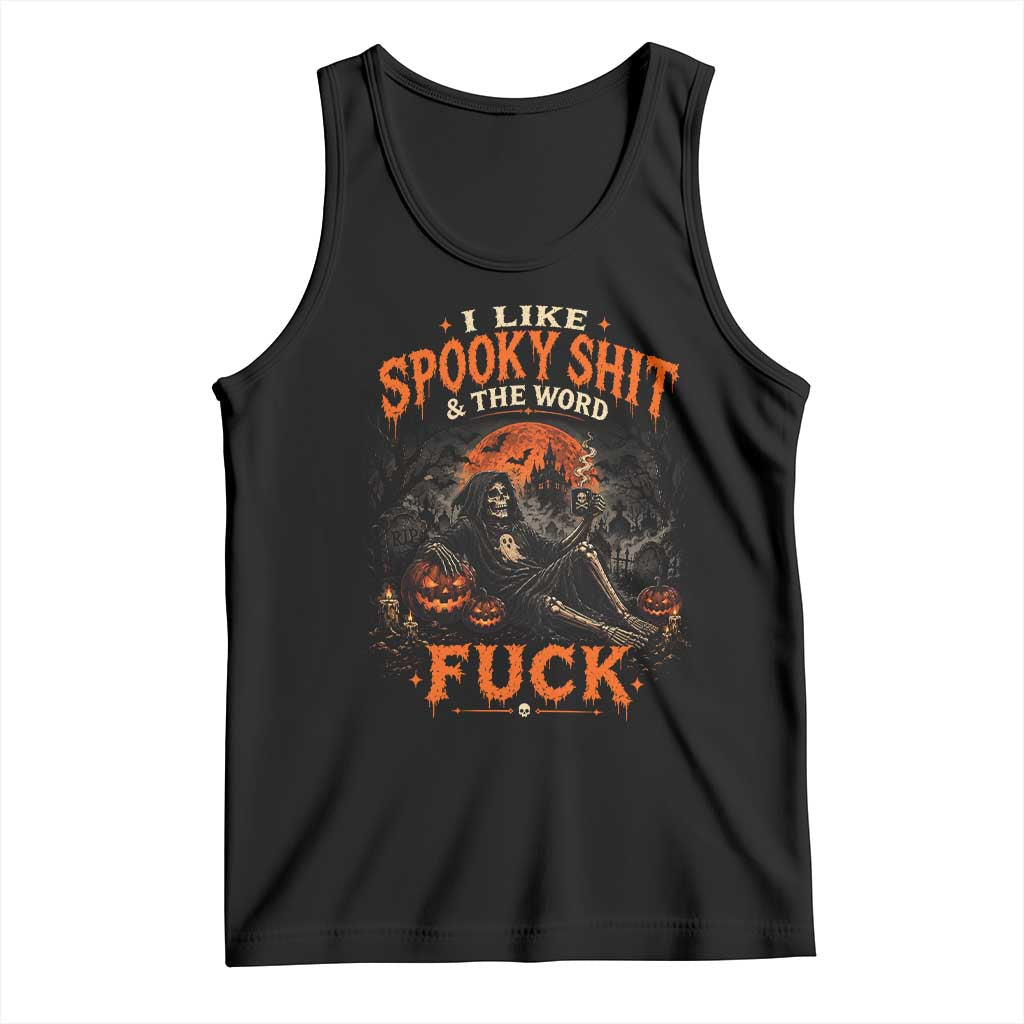 I Like Spooky Shit Grim Reaper Coffee Drinking Halloween Graphic Tank Top