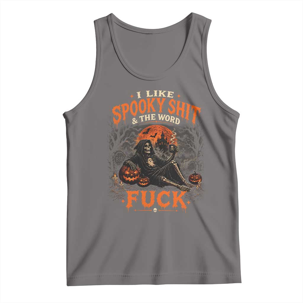 I Like Spooky Shit Grim Reaper Coffee Drinking Halloween Graphic Tank Top