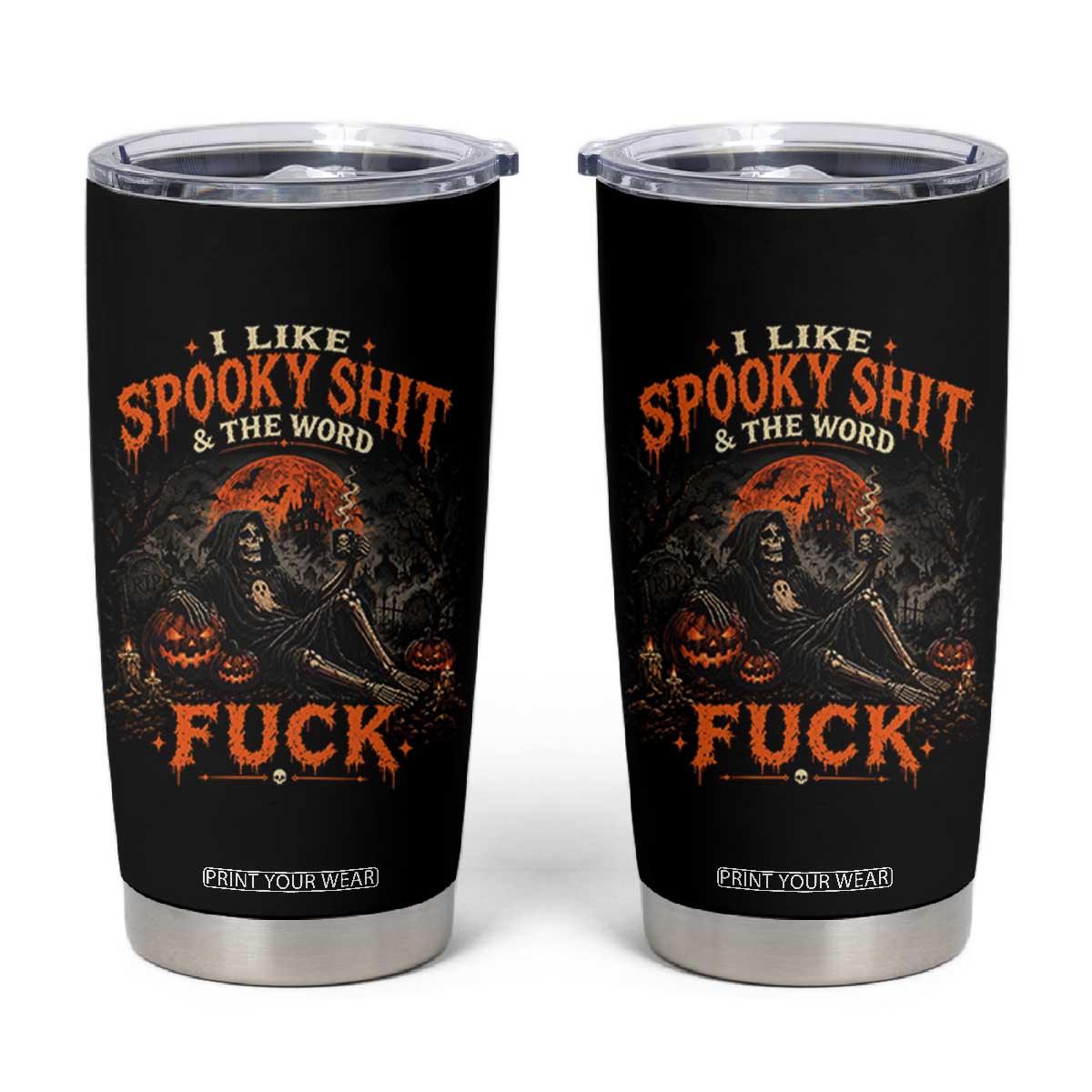 I Like Spooky Shit Grim Reaper Coffee Drinking Halloween Graphic Tumbler Cup