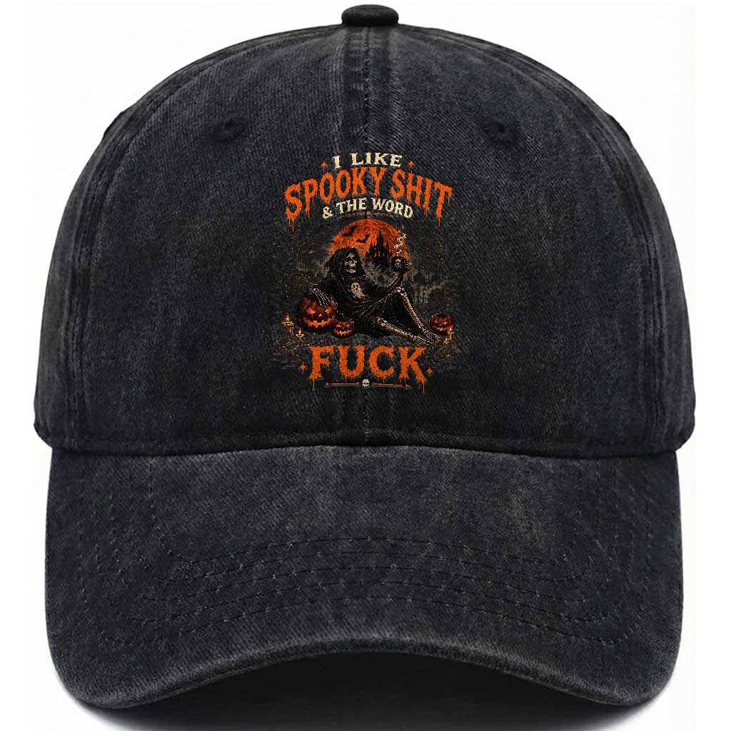 I Like Spooky Shit Grim Reaper Coffee Drinking Halloween Graphic Washed Cotton Baseball Cap