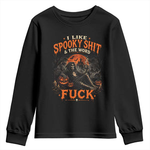 I Like Spooky Shit Grim Reaper Coffee Drinking Halloween Graphic Youth Sweatshirt