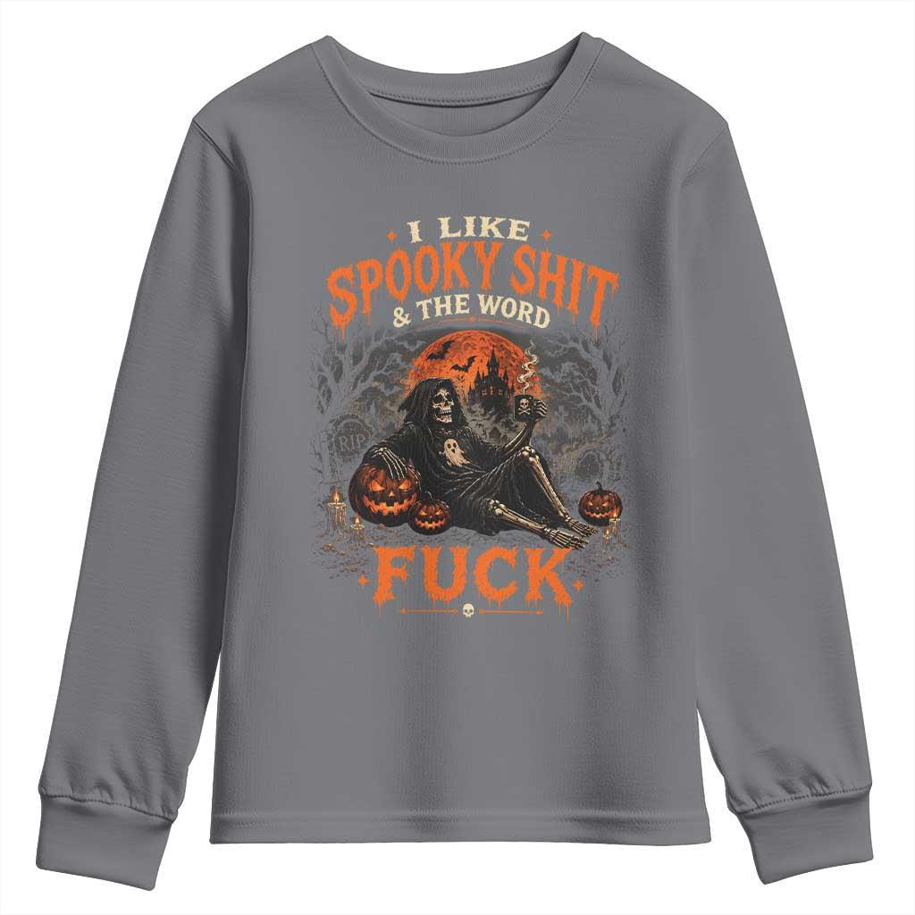 I Like Spooky Shit Grim Reaper Coffee Drinking Halloween Graphic Youth Sweatshirt